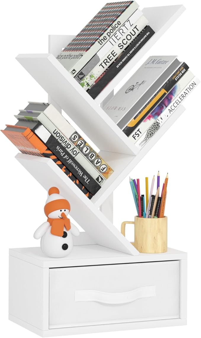 Small Bookshelf with Drawer, 4 Tier Tree Book Shelf, Wood Desk Bookshelves by SHEEPAM