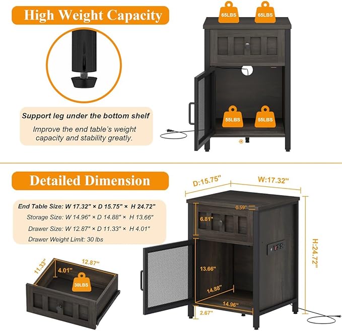 FATORRI End Table with Charging Station, Farmhouse Side Table with Drawer - Image 2