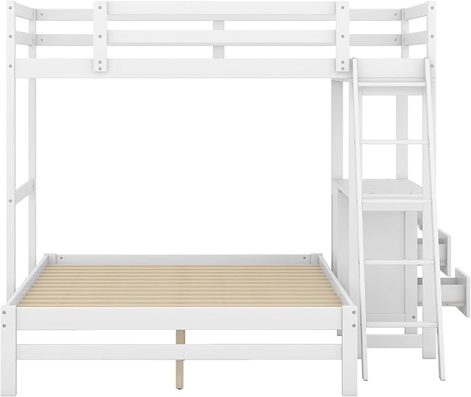 Twin Over Full Bunk Bed with Built-in Desk and Three Drawers, Pine Wood - Image 4