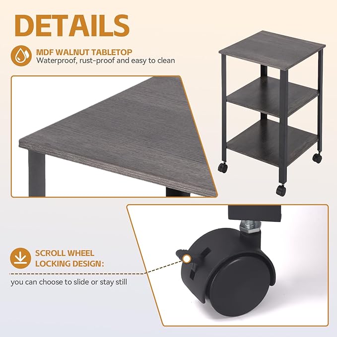 Side Table, End Table with Wheels, Printer Stand with 3-Tier Storage, Bedside - Image 6