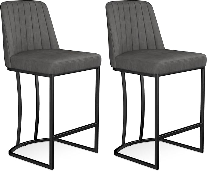 Counter Height Bar Stools Set of 4, Upholstered Leather Barrel Barstools - Image 8