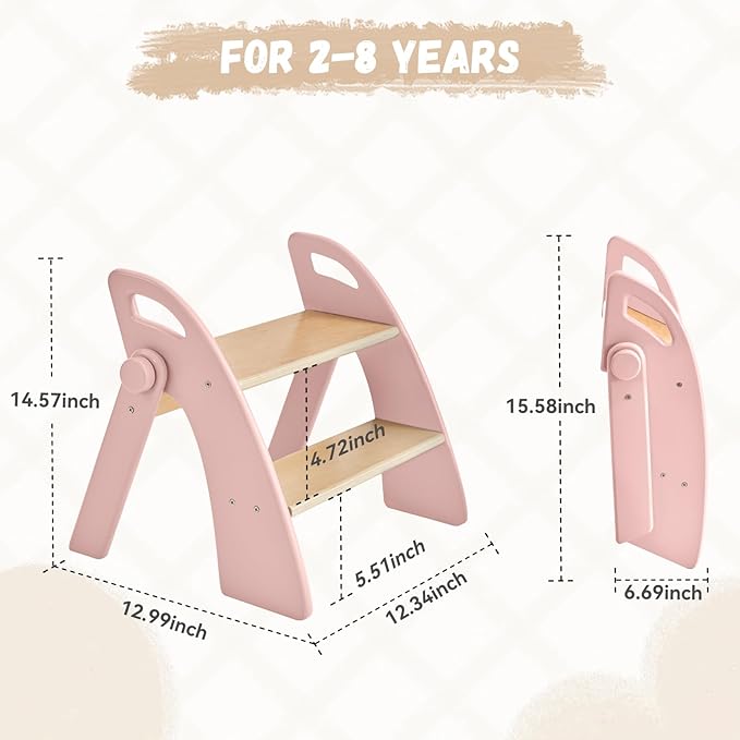 Wooden 2 Step Stool for Kids Bathroom Sink Foldable Anti-Slip 2-Step for Toilet - Image 4
