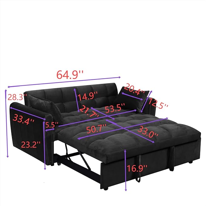 Ball & Cast 65" 3 in 1 Large Sleeper Sofa Bed, Velvet Upholstered Pull Out Couch - Image 2