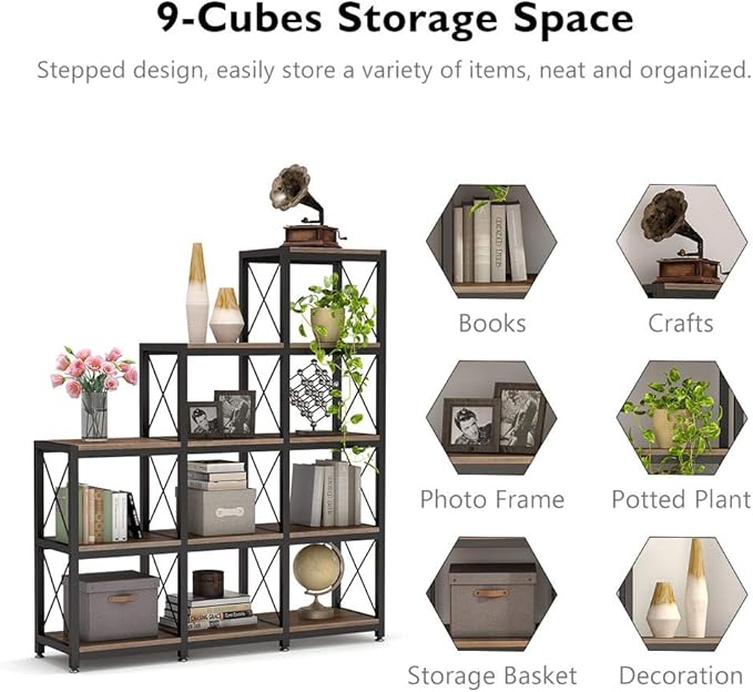 Tribesigns 12 Shelves Bookshelf, Industrial Ladder Corner Bookshelf 9 Cubes - Image 6