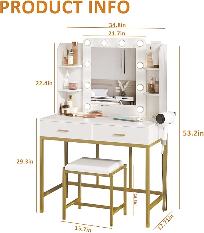 Vabches Vanity Desk with Mirror and Lights, with Charging Station, Makeup - Image 7