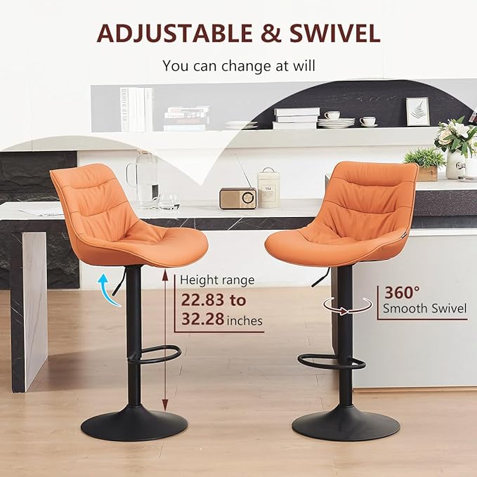 Kidol & Shellder Bar Stools Set of 2 Adjustable Swivel Orange, PU Leather - Image 6