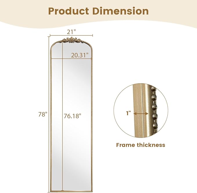 WallBeyond Arched Full Length Mirror Wall Mounted, 21x78 Inch Gold Antique - Image 7