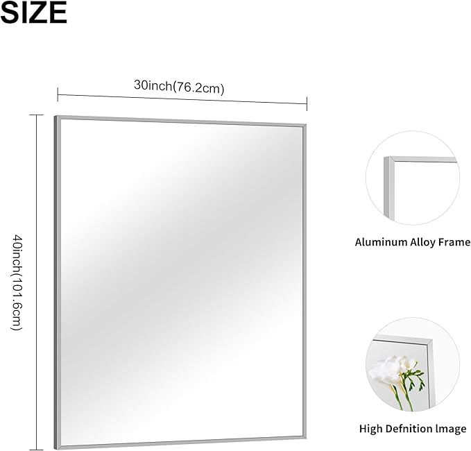 30x40In Silver Bathroom Mirror for Wall, Brushed Nickel Rectangle Mirrors - Image 5