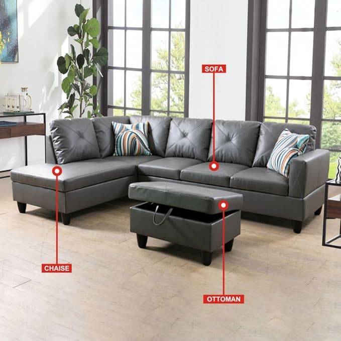 Dark Grey L-Shaped 3-Piece Faux Leather Sofa - Image 3