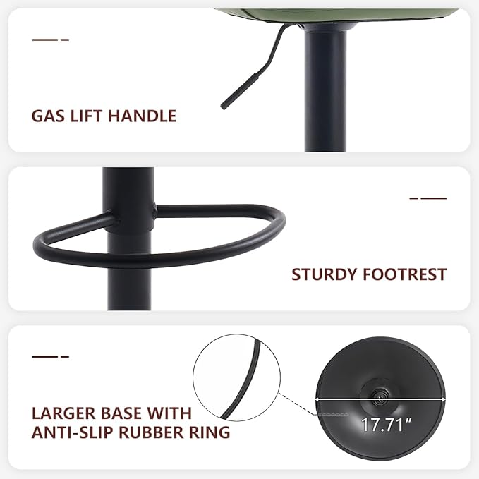 Kidol & Shellder Bar Stools Set of 2 Adjustable Swivel Green, PU Leather - Image 4