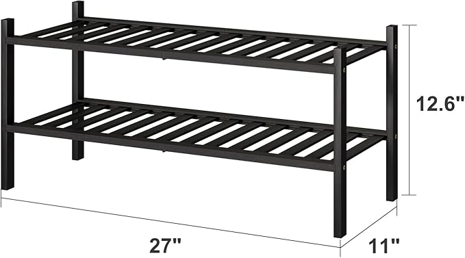 2-Tier Black Bamboo Shoe Rack for Entryway, Stackable | Foldable | Natural - Image 3