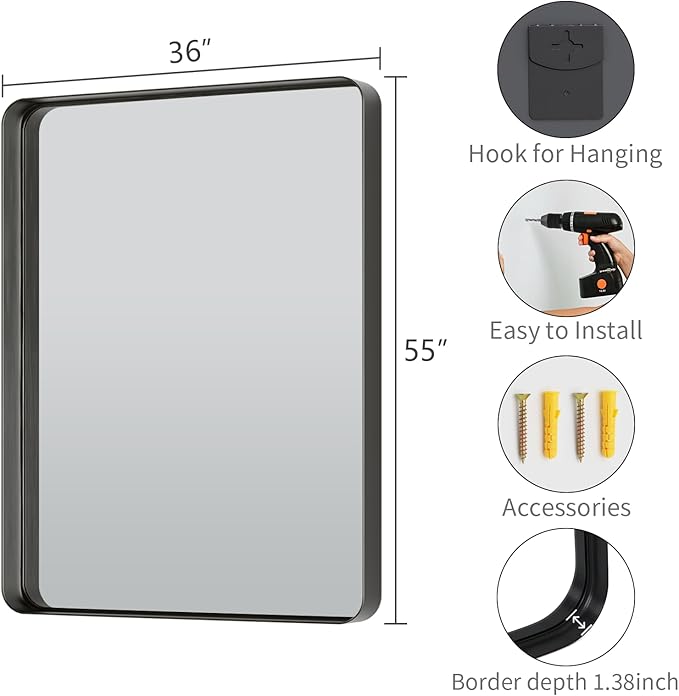 Koonmi Black Wall Mirror for Bathroom, 36x55 Inch Matte Deep Framed Rounded - Image 4