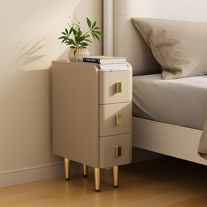 Narrow Nightstand with Drawers, Narrow Side Table Leather, Small Bedside Tables by AQIMUELE-Solidwoodfurniture