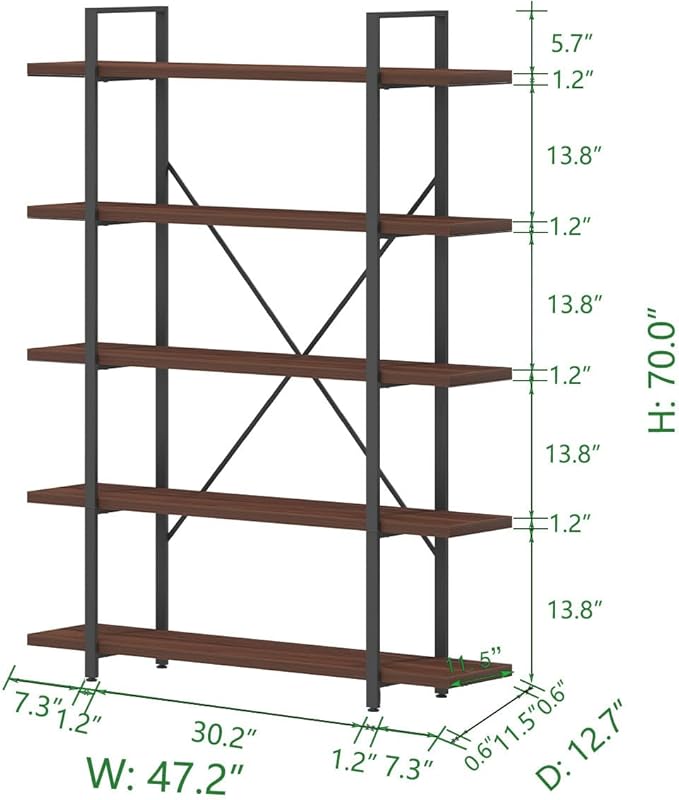 HSH Walnut 5 Tier Bookshelf, Tall Bookcases and Book Shelves 5 Shelf, Large - Image 2