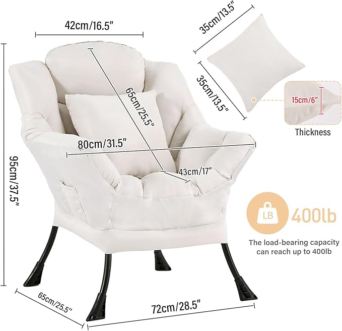 Lazy Chair with Pillow for Living Room, Modern Lounge Accent Chair with Armrests - Image 2