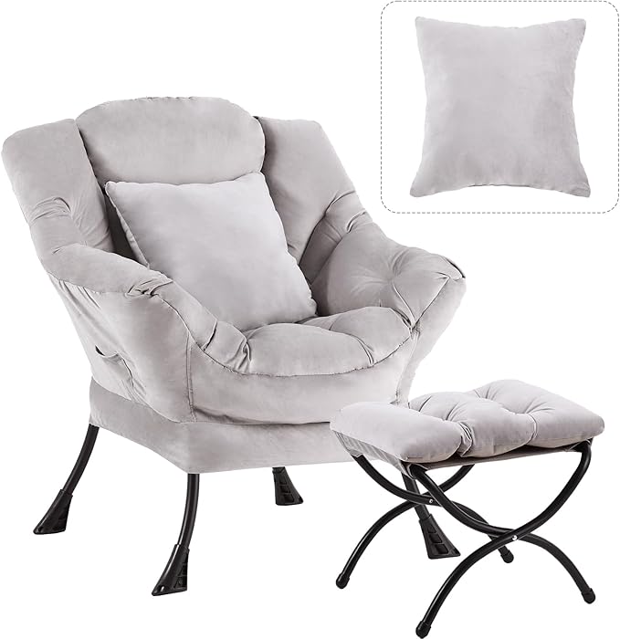Large Lazy Chair with Ottoman, Accent Reading Chair with a Soft Grey Throw by HomeEastllyHome