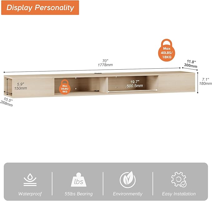 WAMPAT 70 inch Floating TV Stand, Entertainment Center Media Console, Wall - Image 5