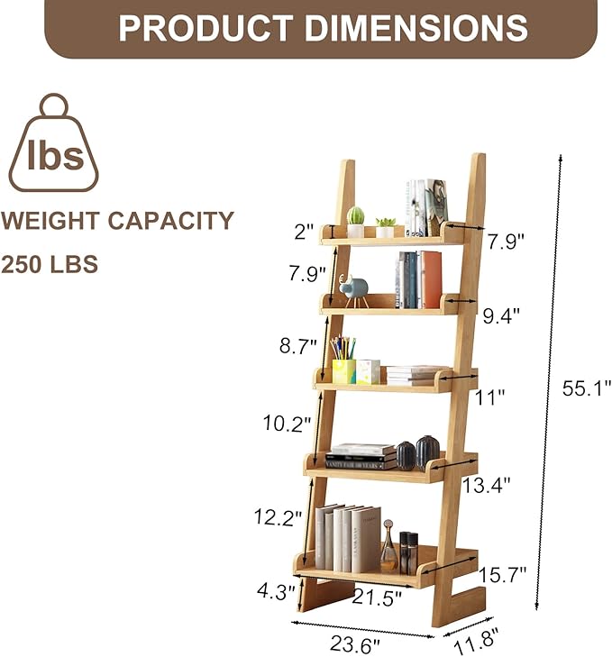 5-Tier Ladder Bookshelf, H 55" Leaning Bookshelf Storage Rack Organizer - Image 2