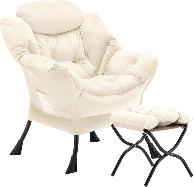 Lazy Chair with Folding Ottoman, Accent Chair Velvet Upholstered with Metal by Youtanic