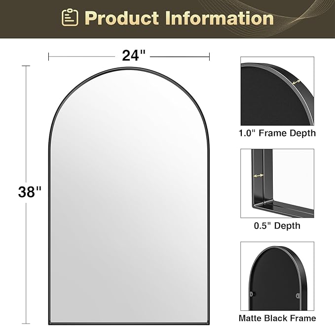 Brightify Arched Mirror, Arched Wall Mirror, 24 x 38 Inch Black Arch Mirror - Image 6