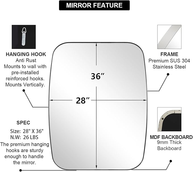 ANDY STAR Chrome Bathroom Mirror, 28x36 Inch Stainless Steel Metal Frame Oblong - Image 5