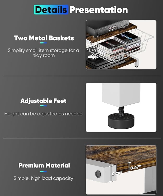 Media Stand with Two Detachable Baskets, 4-Tier AV Media Stand Corner Shelf - Image 3
