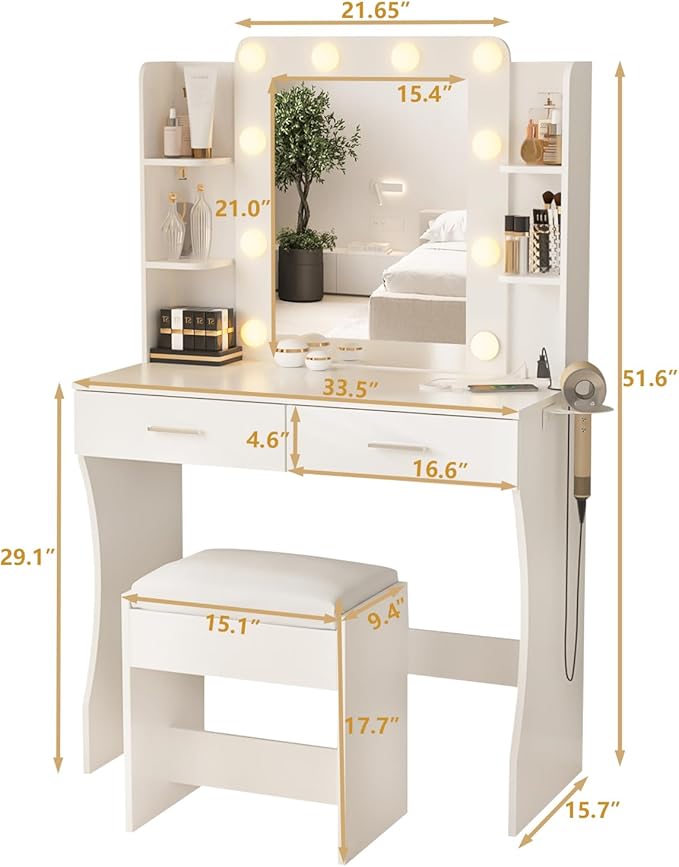 Vabches Vanity Desk with Lights, Makeup Vanity with Power Strip, Dressing Table - Image 5