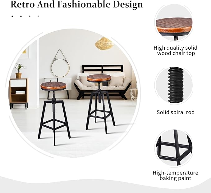 Diwhy Industrial Bar Stools, Kitchen Dining Chair, Wood Metal Stool, Adjustable - Image 5