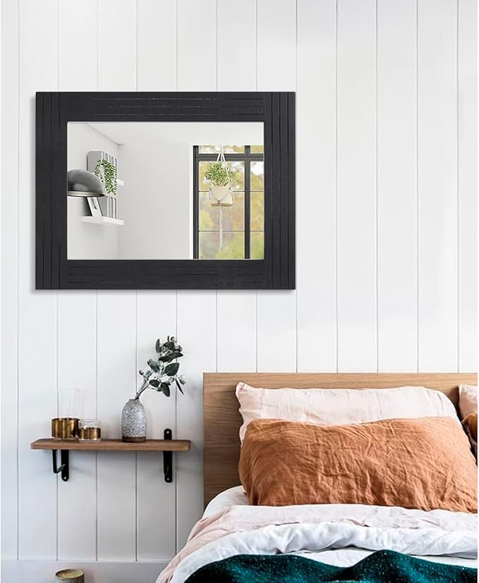 Black Wall Mirror Rectangular Vintage Rustic Wood Framed Large Mirror Deco - Image 5