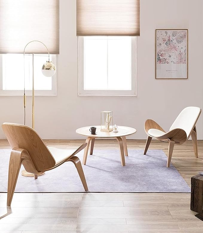 Hans Wegner Style Three- Legged Shell Chair Ash Plywood White Faux Leather - Image 8