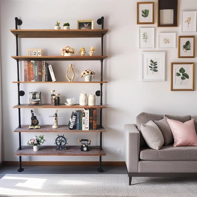 Industrial Ladder Pipe Shelf, Wall Mounted Wood Metal Bookshelf - Image 2