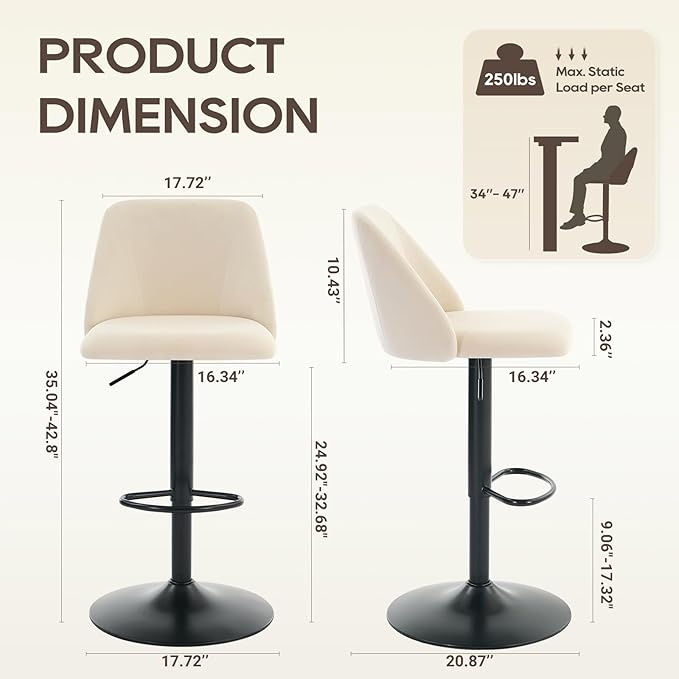 COLAMY Bar Stools Set of 3, Modern Swivel Bar Chairs, Adjustable Upholstered - Image 2