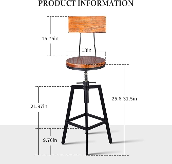 Diwhy Industrial Bar Stool Wood Metal Bar Stool, Adjustable Height Swivel - Image 2