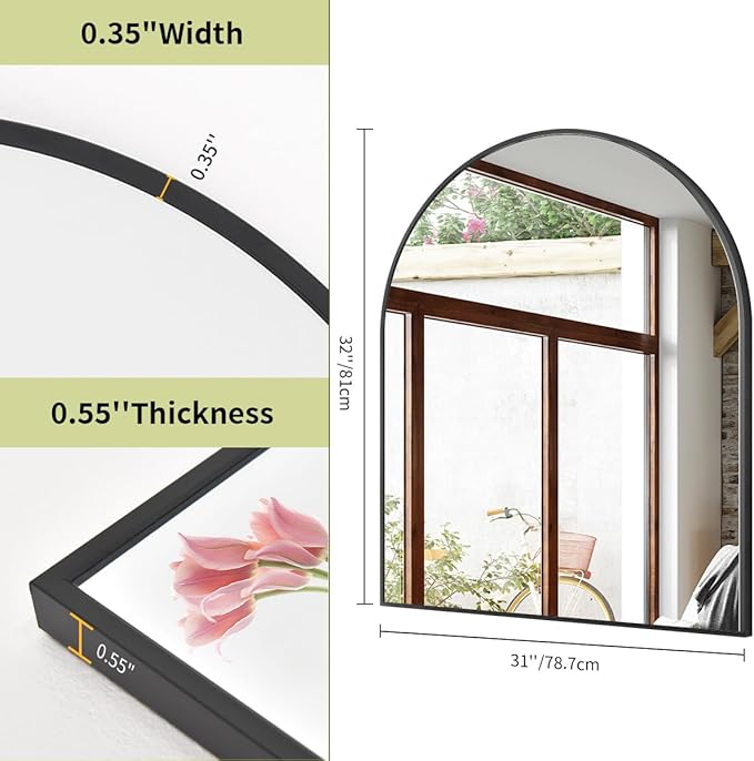 BEAUTYPEAK 31"x32" Arch Bathroom Mirror, Wall Mounted Vanity Metal Frame Mirror - Image 5