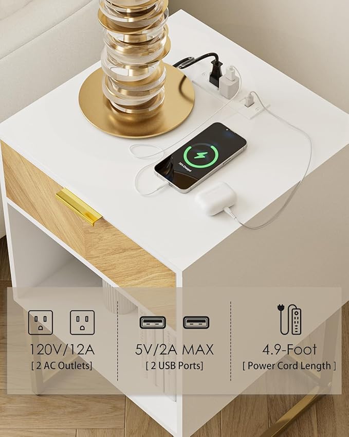 Nightstand with Charging Station, Modern Night Stand Boho Farmhouse Wood - Image 3