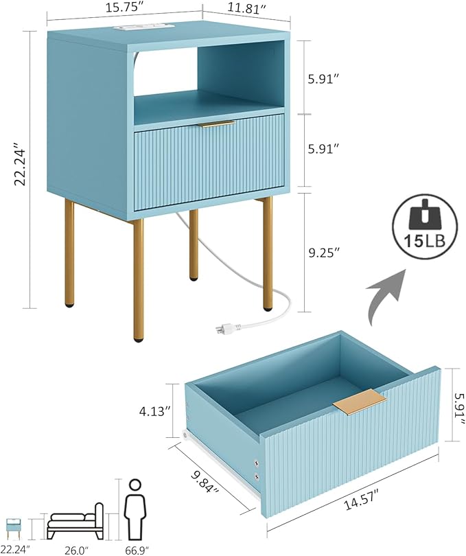 Masupu Nightstand with Charging Station, Mid-Century Modern Bedside Table with - Image 2