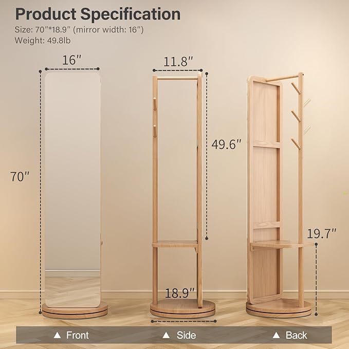 70"x16"Full Length Mirror with Stand, Coat Rack with Mirror, Solid Wood Floor - Image 2