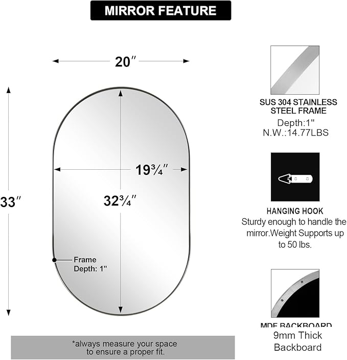 ANDY STAR Brushed Nickel Oval Bathroom Mirror, 20x33 inch Pill-Shaped Mirror - Image 2