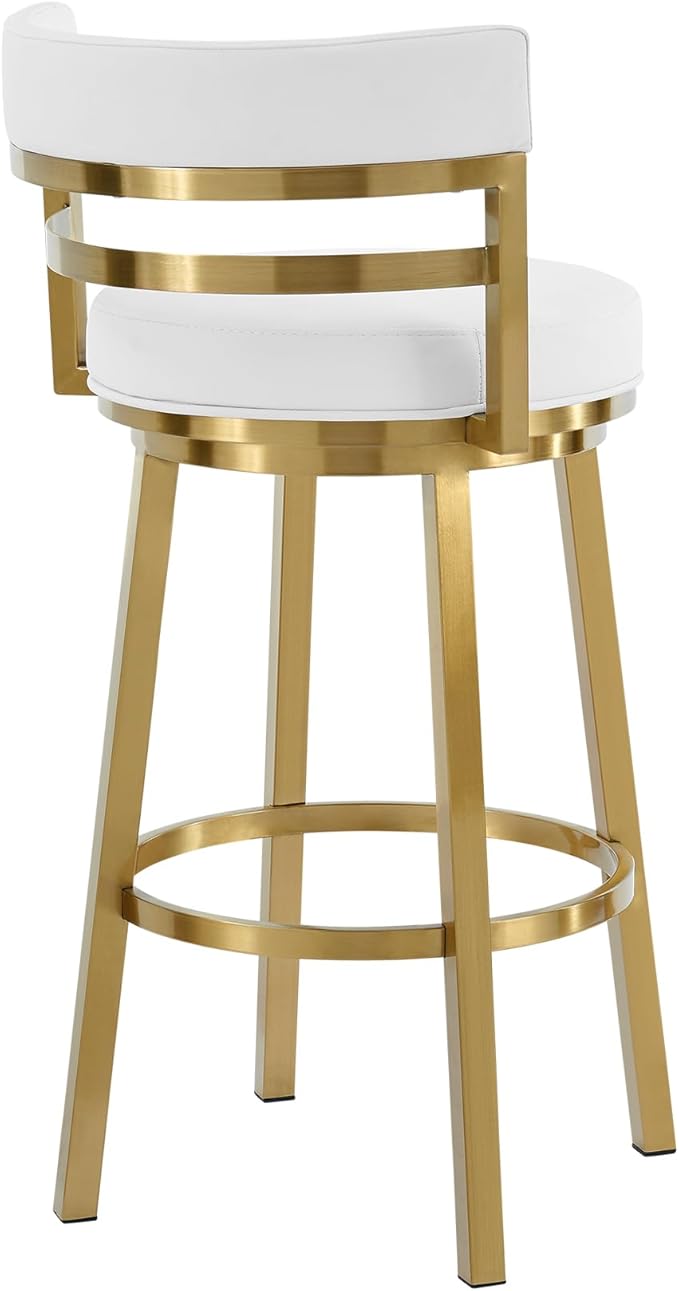 Armen Living Madrid 30" Seat Height Swivel Modern White Faux Leather and Gold - Image 6
