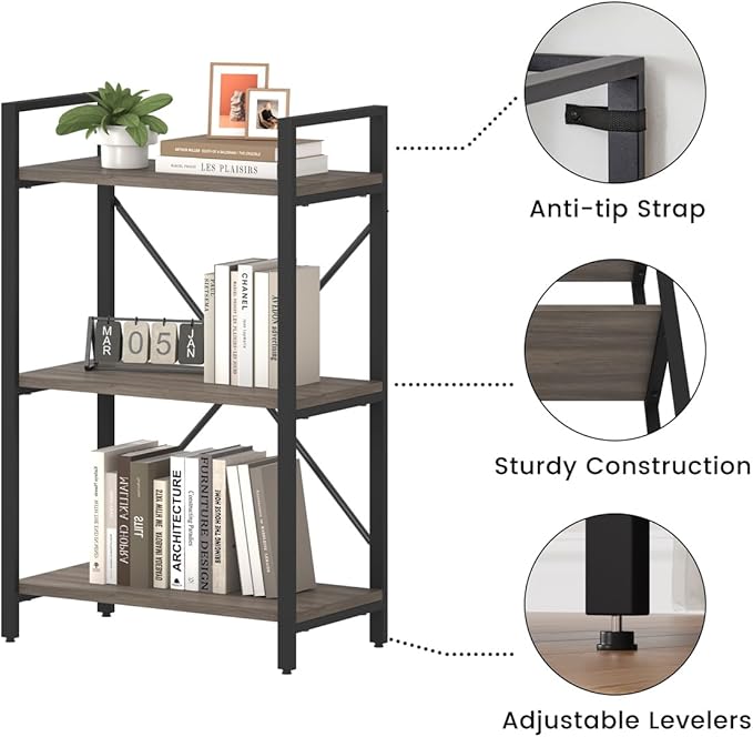 BON AUGURE 3 Tier Bookshelf, Small Rustic Book Shelf, Short Industrial Bookcase - Image 4
