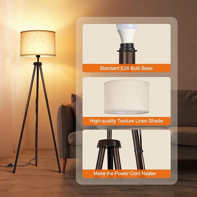 OUTON Wood Tripod Floor Lamp, Mid Century LED Dimmable Floor Lamp - Image 5