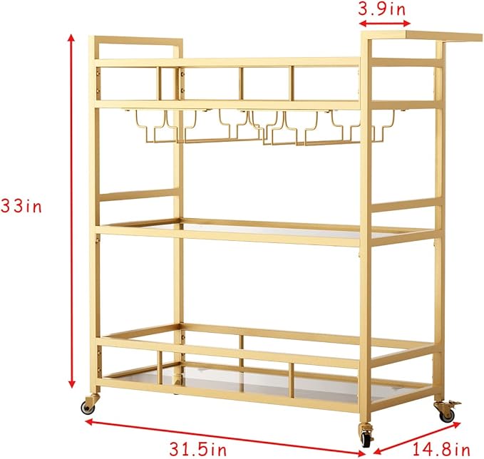 Gold Bar Carts with 3 Tier Glass Shelves, Rolling Serving Bar Cart with Wine - Image 4