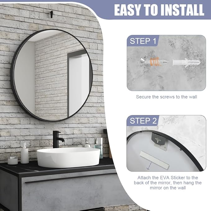34inch Bathroom Round Mirror, Wall Mounted Vanity Mirror, Steel Frame, Steel - Image 7