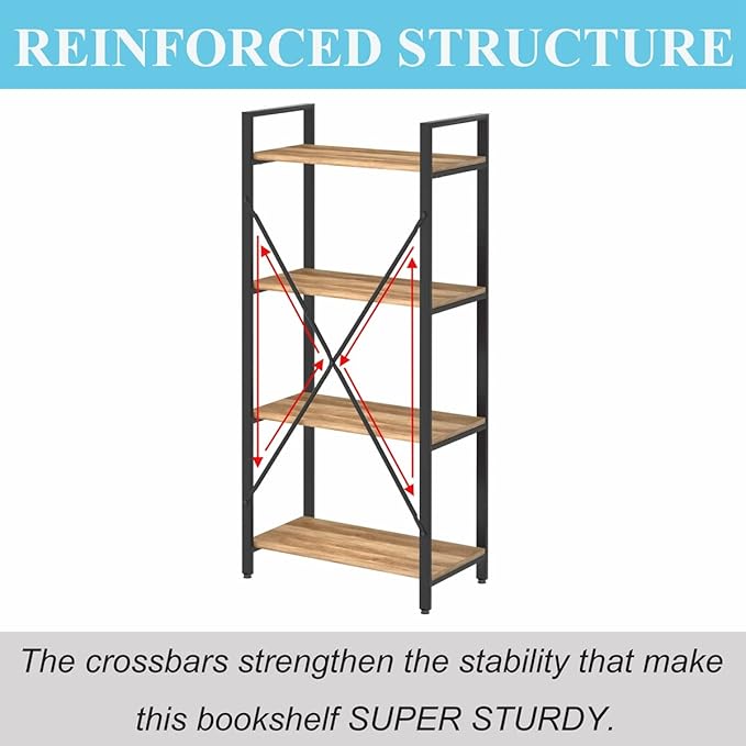 BON AUGURE Industrial 4 Tier Bookshelf, Modern Open Shelving Unit Book Shelves - Image 6