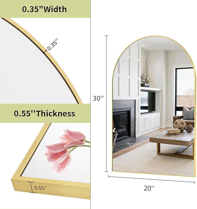 BEAUTYPEAK 20"x30" Arch Bathroom Mirror, Wall Mounted Vanity Metal Frame Mirror - Image 4