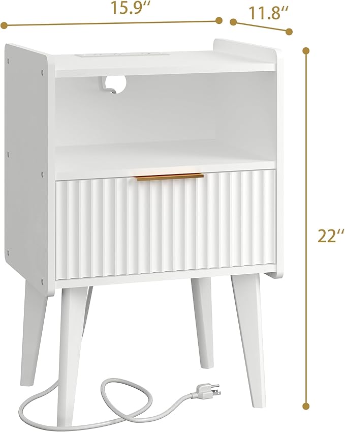 Fluted Nightstand with Charging Station, Modern Bedside Table with Drawer - Image 3