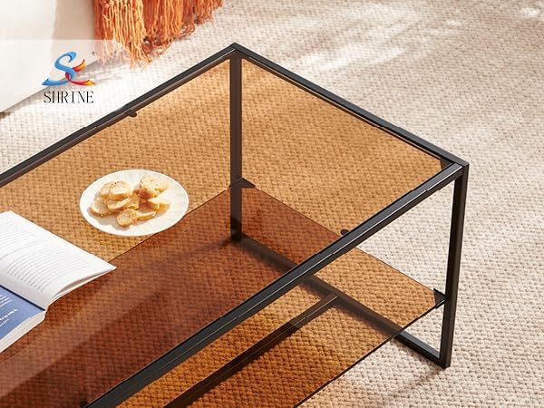 Shrine Brown Glass Coffee Table, Modern Design, Dual-Layer Coffee Table - Image 5