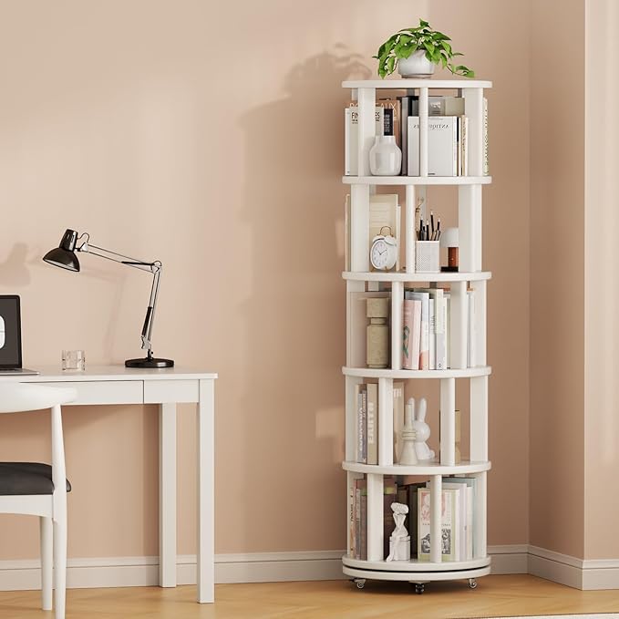Solid Wood Rotating Bookshelf on Wheels, 5 Tier, Round Revolving Bookcase - Image 9