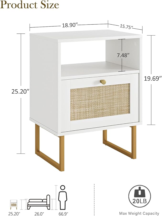 Rattan Nightstand, Mid Century Modern Night Stand, Boho Farmhouse Wood Bedside - Image 2