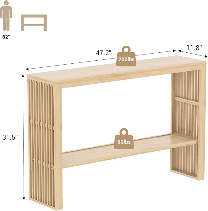 Bamboo Wood Entryway Table 47.2" Console Table, 2-Tier Farmhouse Narrow Sofa - Image 2
